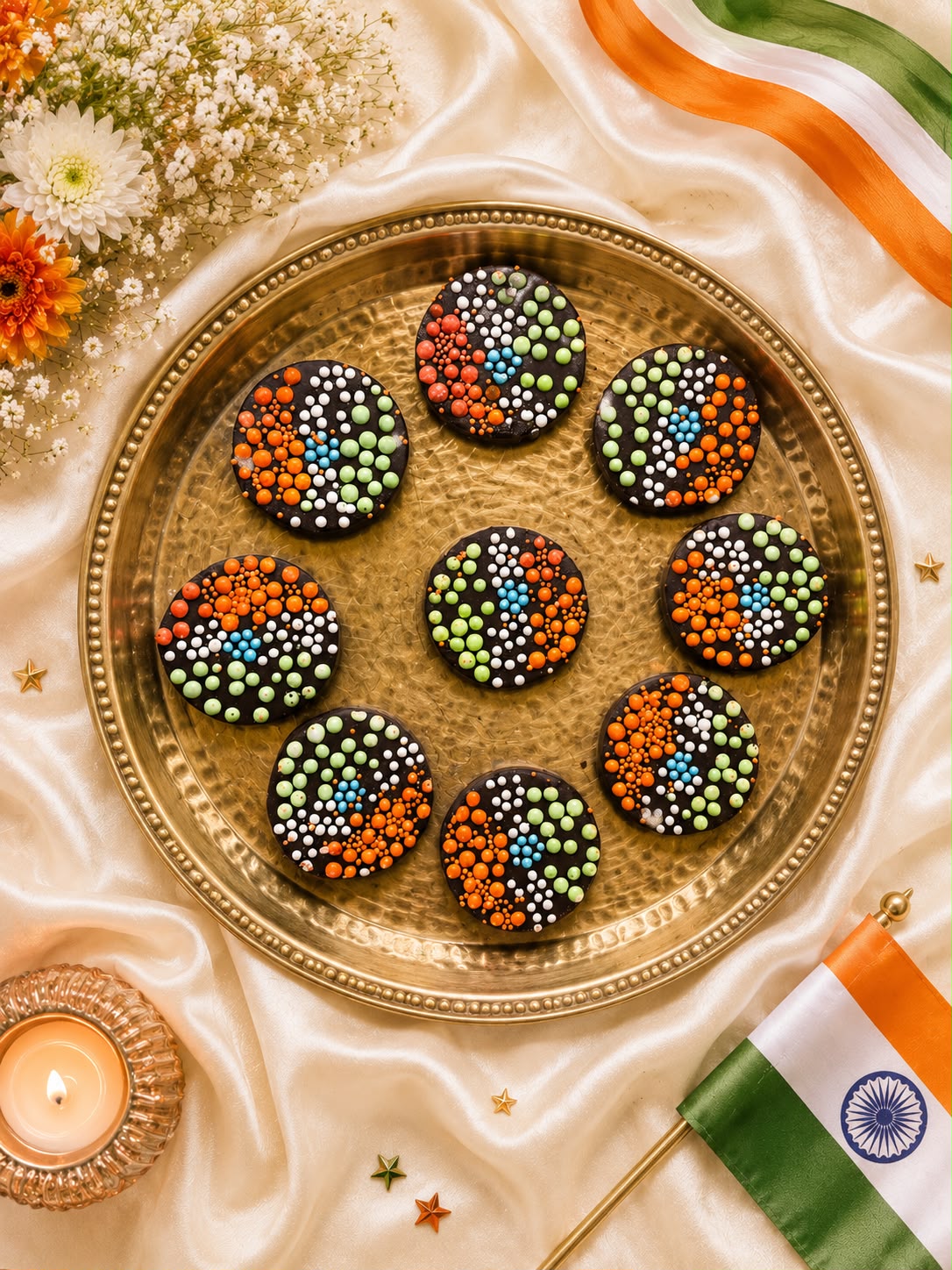 Tricolor Independence Day special chocolates — dark chocolate discs decorated with saffron, white and green sprinkles